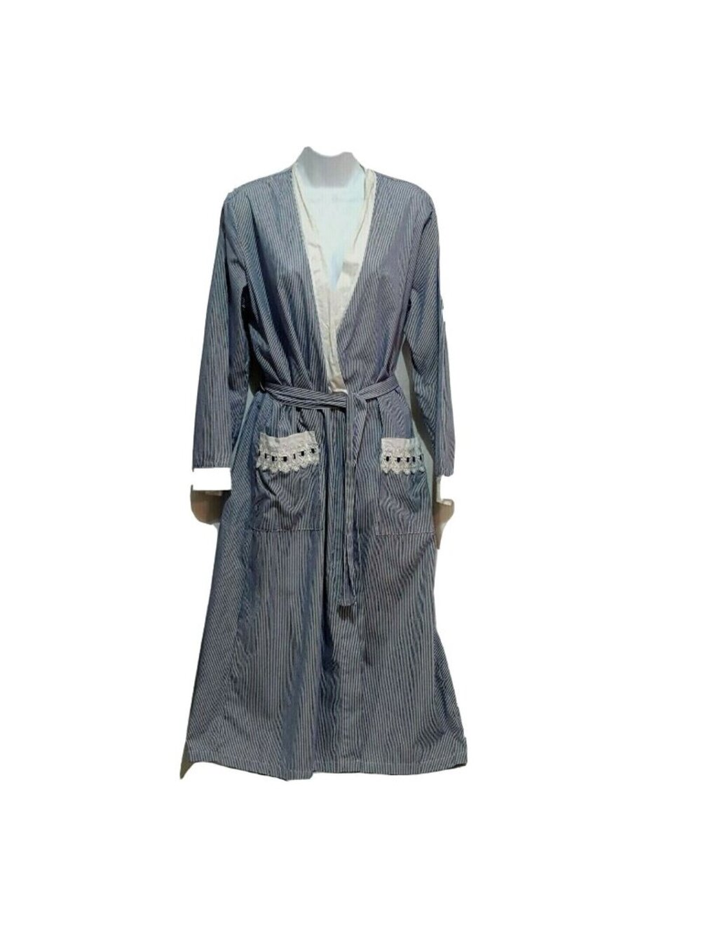 Celestial‎ Dreams Robe Wrapper Blue & White Pin Stripe Cotton Blend Long M
